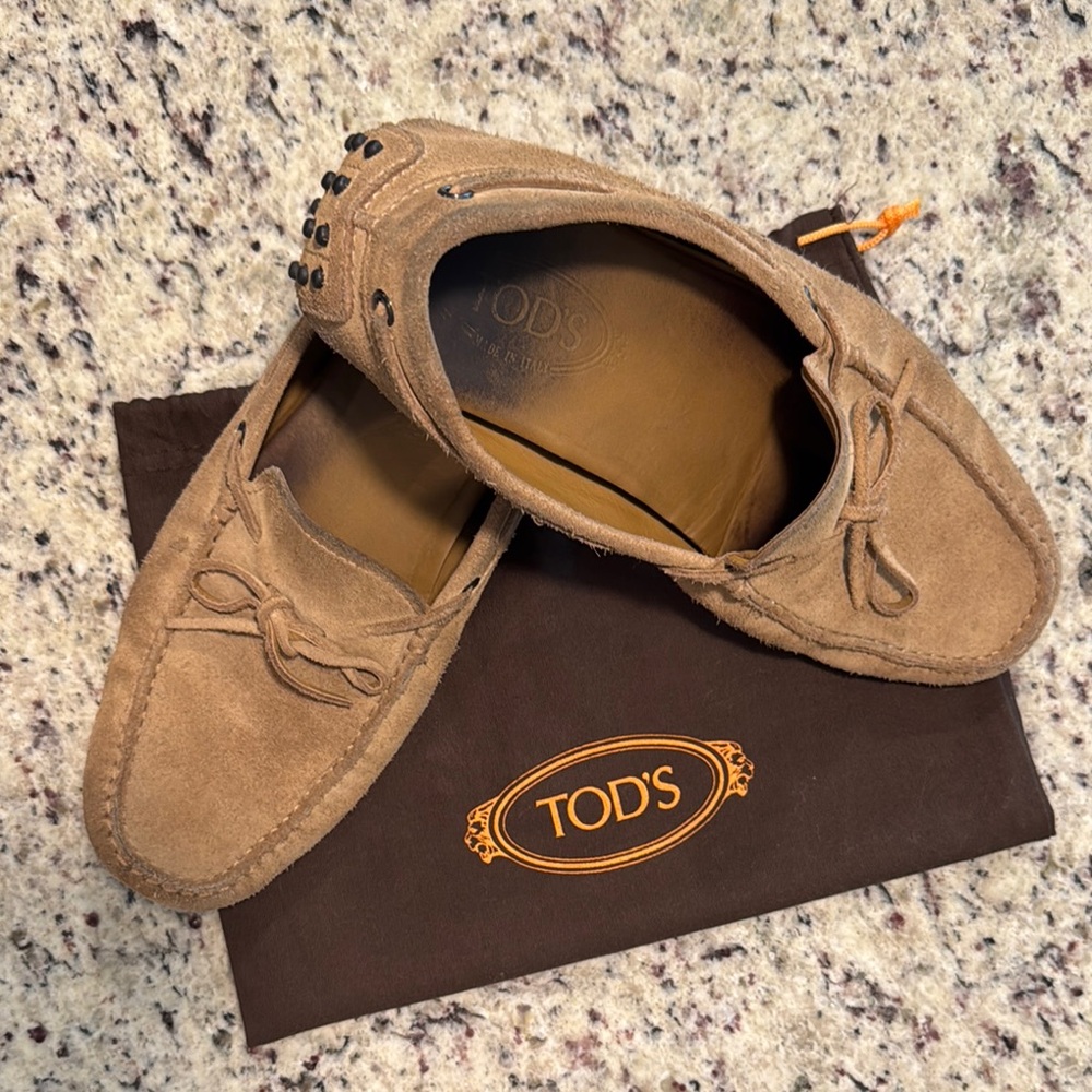 Tod's Tan Suede Slip-On Loafers with Moccasin Stitching
